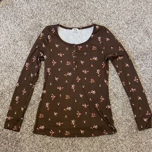 Pulse Brown Floral Ribbed Henley